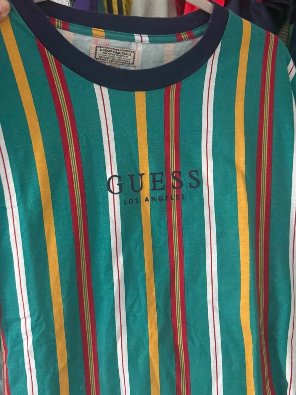 GUESS Teal Multicolor Striped Logo Short Sleeve Tee